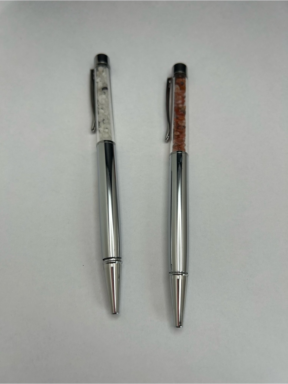 Silver Tone Ballpoint Pen with Clear barrel filled with stone chips set of 2